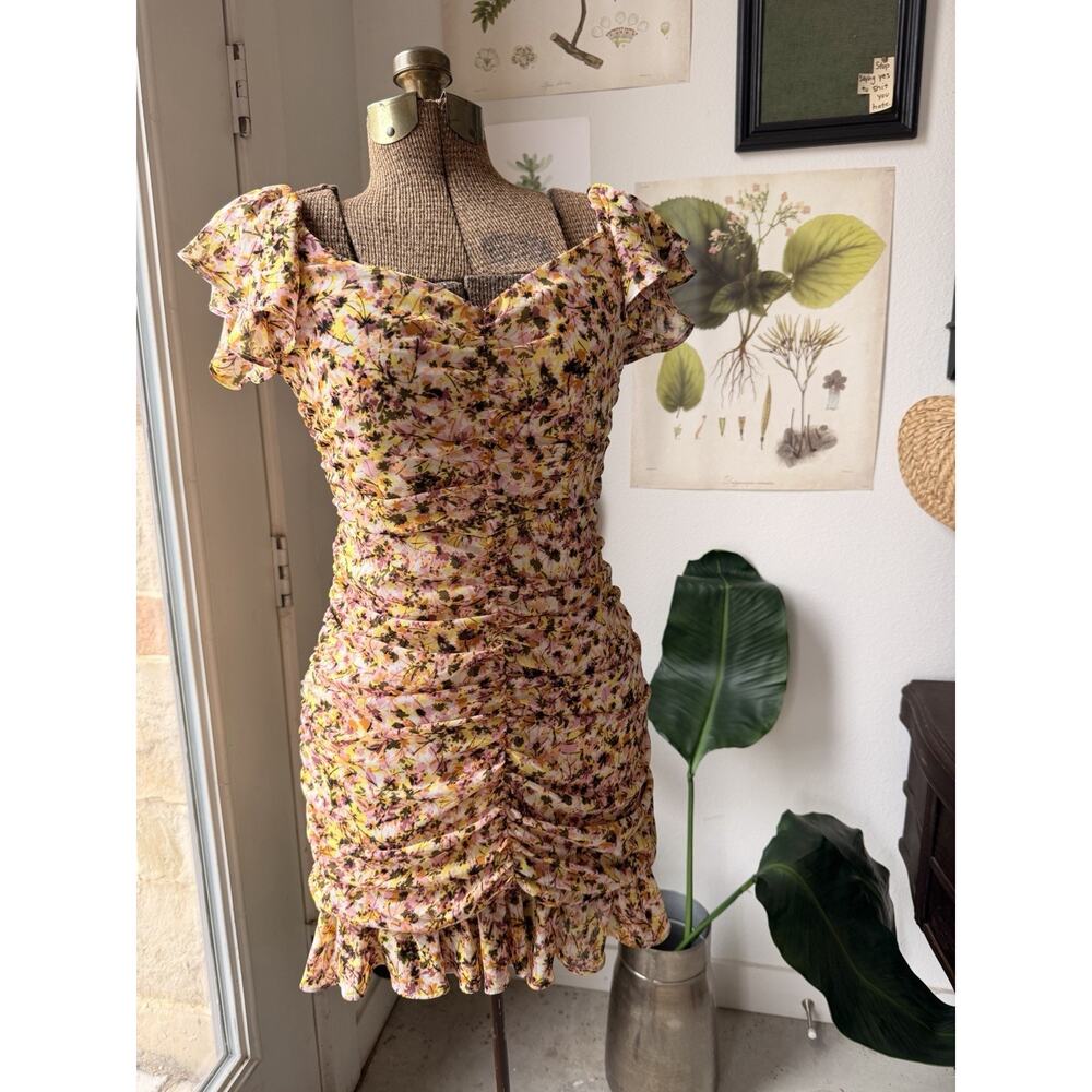 ASTR The Label Floral Ruched Ruffle Mini Dress Short Flutter Sleeve S